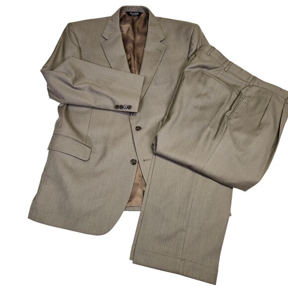 Jos A Bank Signature Suit Mens 46R 38x30 Blazer Silk Wool Taupe Stripe Interview - Picture 1 of 16